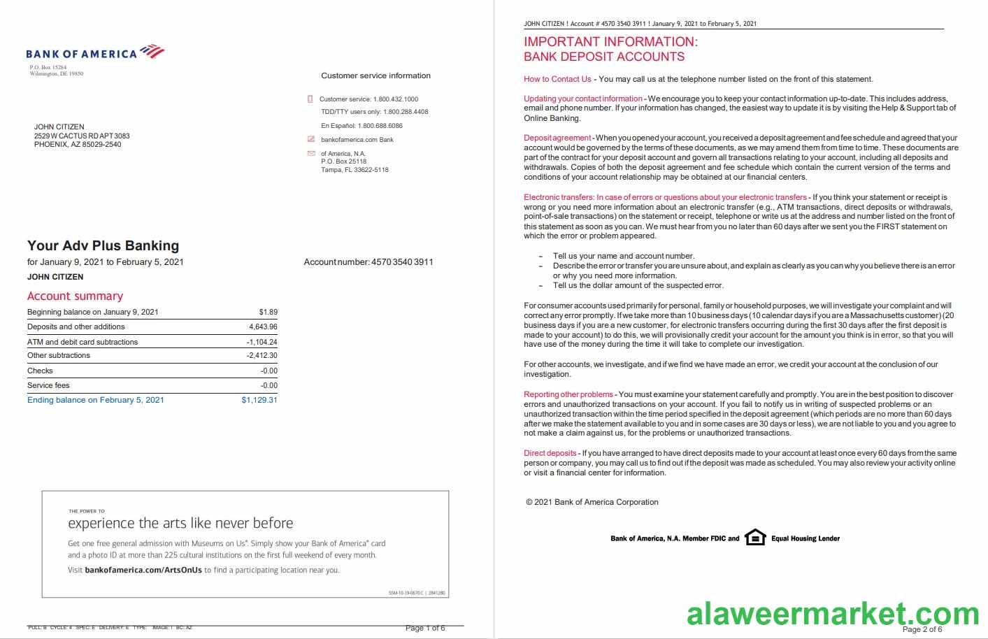 USA Bank of America bank statement template in Word and PDF format, 6 pages, version 2